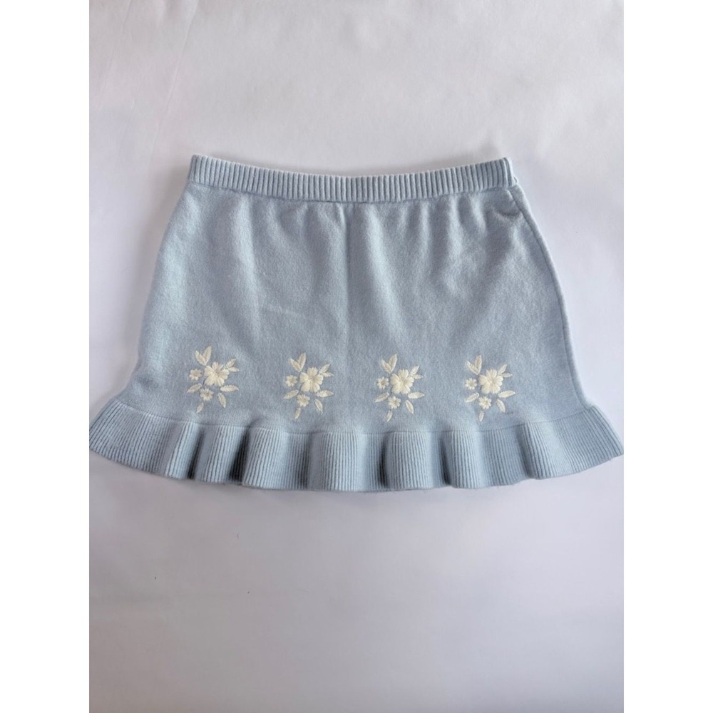 Francesca's Knit Mini Skirt Women XL Blue Floral Embroidered Ruffle‎ Hem 702FR - Picture 6 of 11
